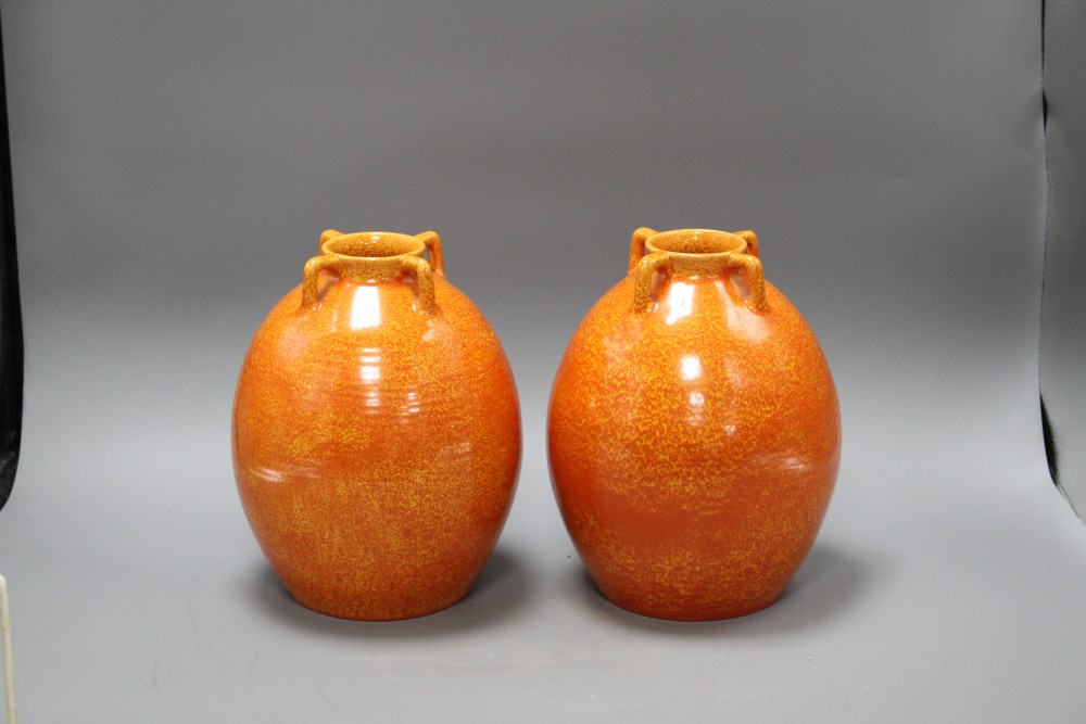 A pair of Royal Lancastrian speckle orange glazed vases, impressed 3134, height 22cm